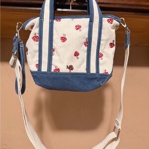 Madden Girl Cream Canvas Crossbody with Red Mushroom Print & Blue Trim